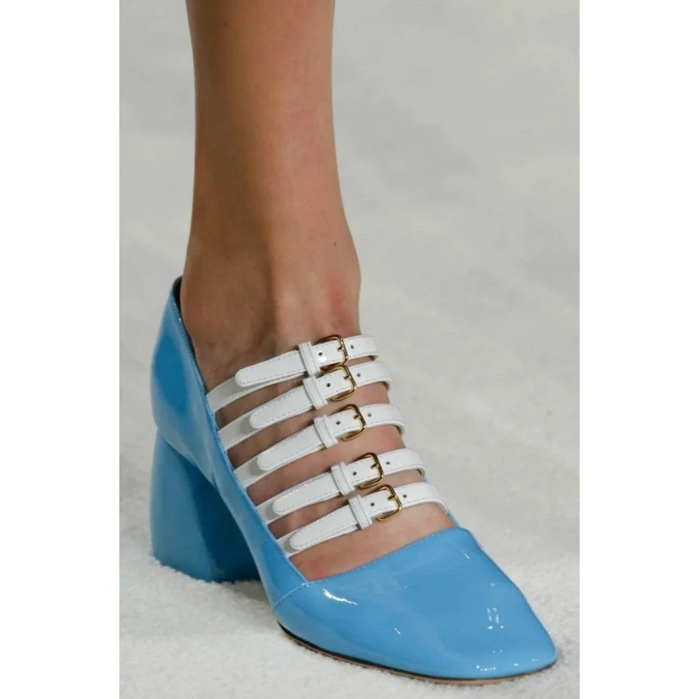 Miu Miu FW2015 Blue Patent Leather Multi-Strap Block Heel Pumps Size 37.5